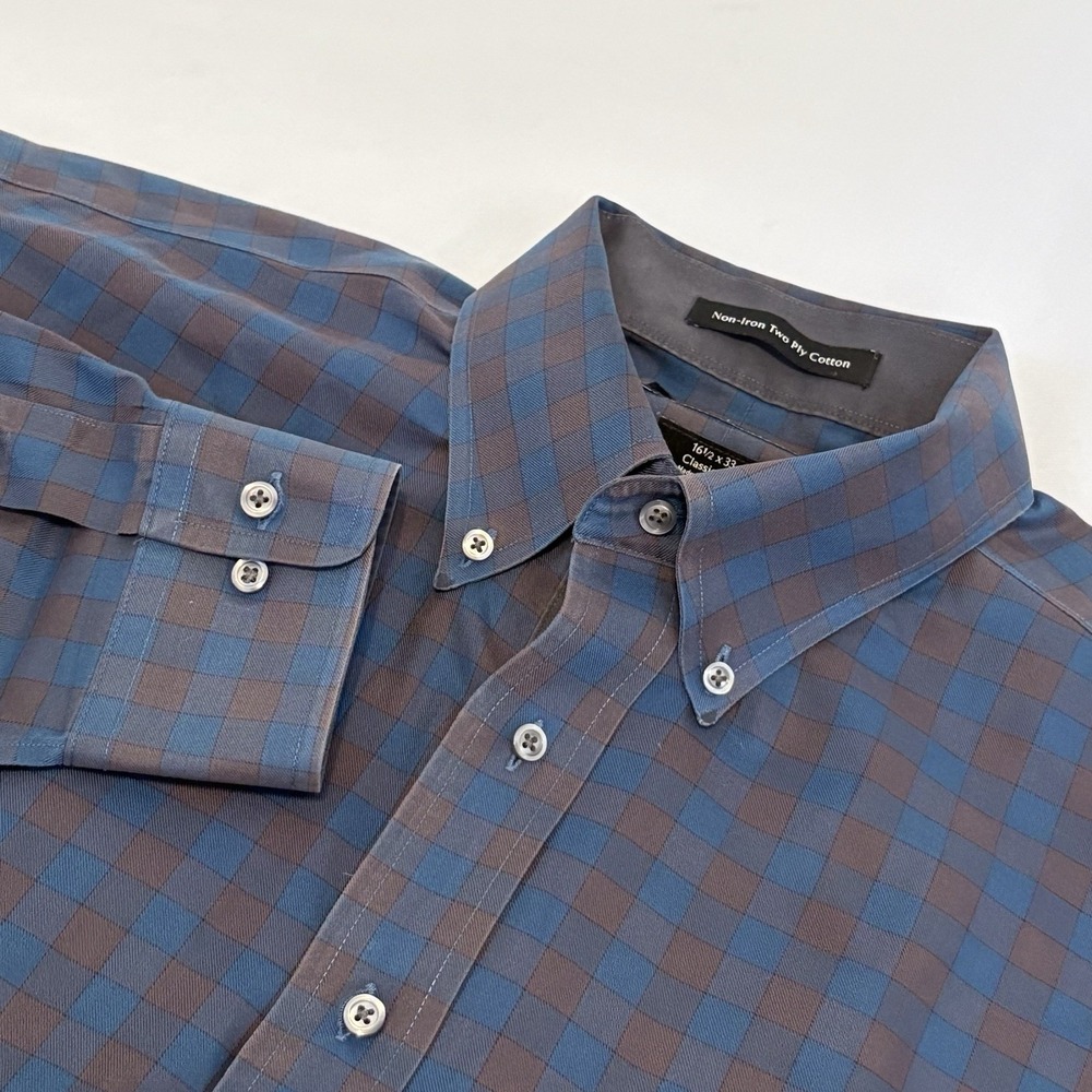 Paul‎ Fredrick Shirt Mens 16.5 33 Blue Check Plaid 100% Cotton 2 Ply Button Up
